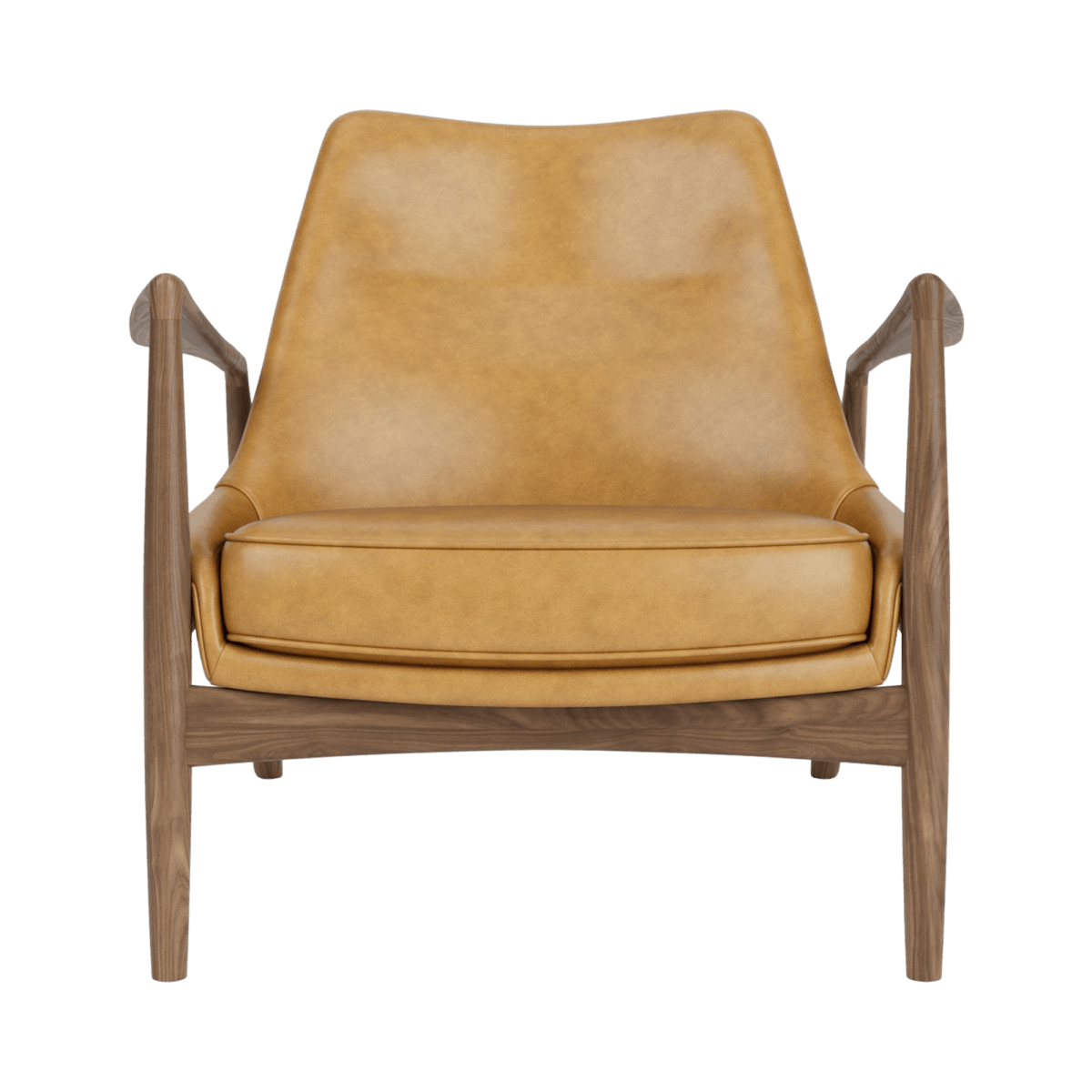 Front view of The Seal Lounge Chair, Low Back, featuring a wooden frame and yellow-brown leather upholstery.