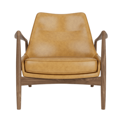 Front view of The Seal Lounge Chair, Low Back, featuring a wooden frame and yellow-brown leather upholstery.