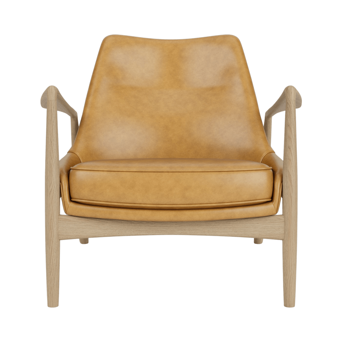 Front view of The Seal Lounge Chair, Low Back in natural oak with tan leather upholstery against a white background.