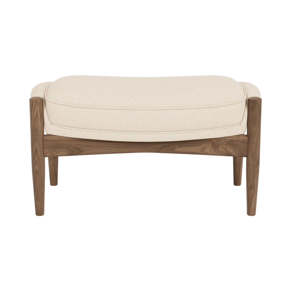 The Seal Ottoman in a walnut finish with textured Logan Jasmine upholstery, shown against a plain background.