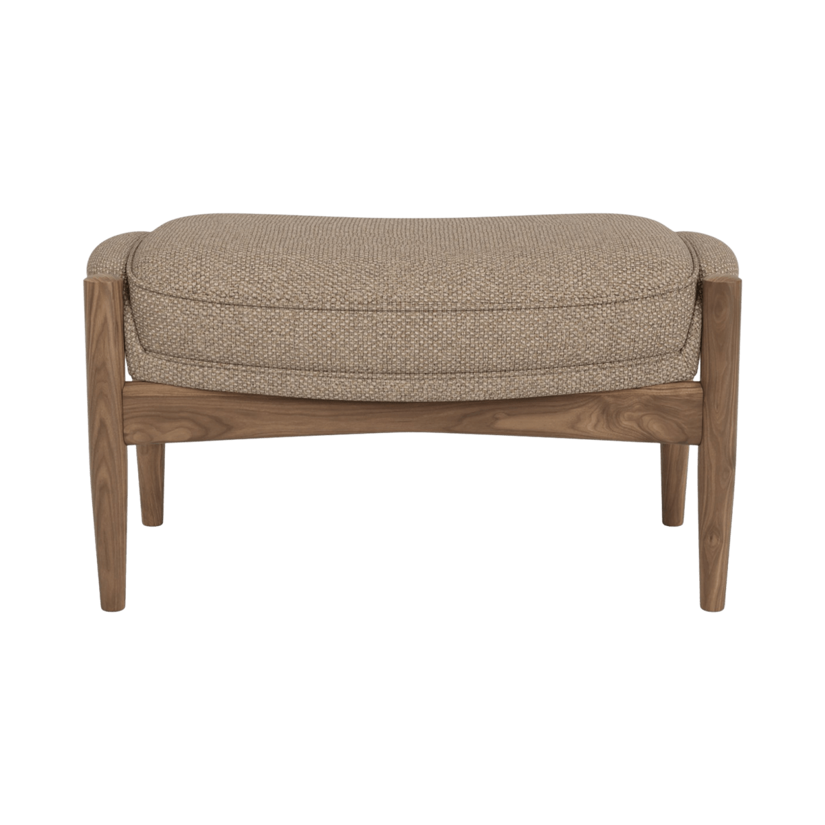 Front view of The Seal Ottoman in Logan Flint upholstery with a walnut wood finish against a white background.