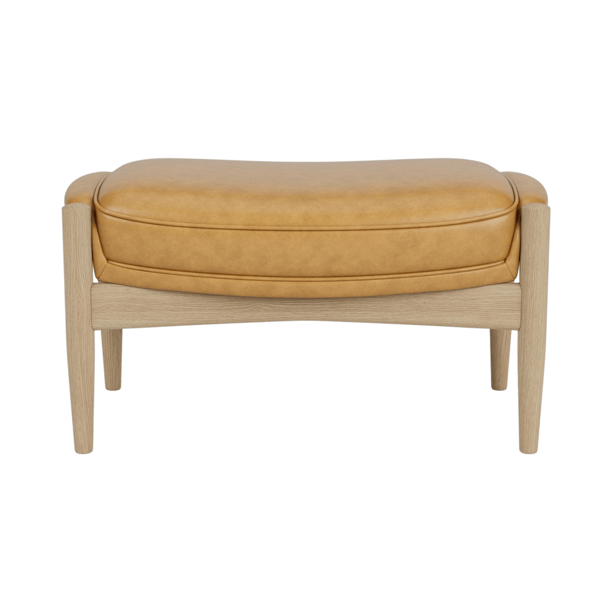 Front studio view of The Seal Ottoman with a light oak wooden frame and curved tan leather upholstery.