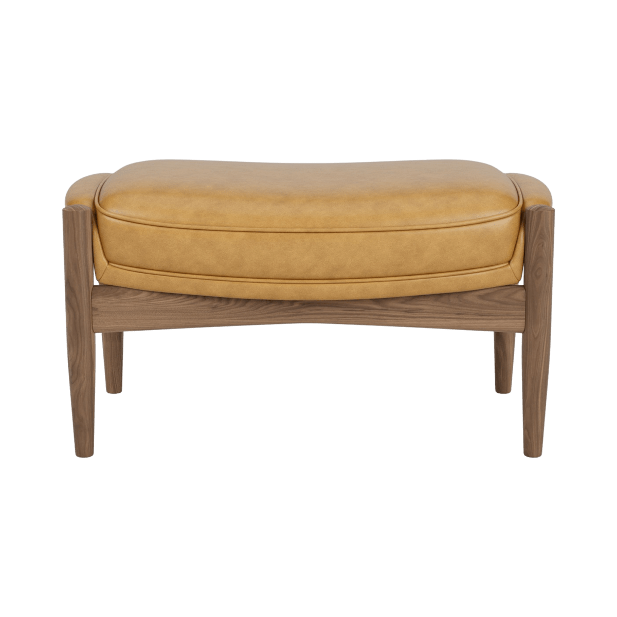 Front view of The Seal Ottoman featuring a curved camel-coloured leather cushion and a dark wooden frame.