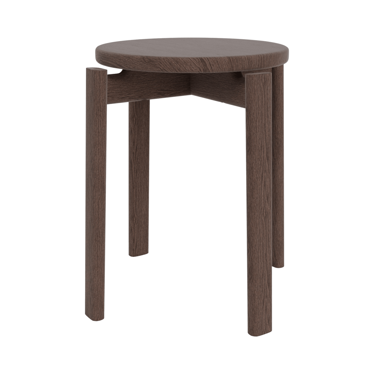 Front view of the Passage Stool in dark stained oak with a round top and sturdy legs against a white background.