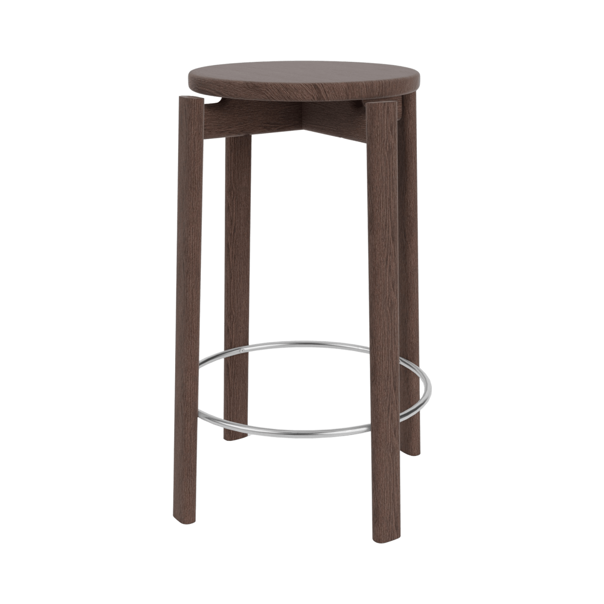 Front view of the Passage Bar & Counter Stool in dark wood veneer with cylindrical legs and a circular metal footrest.