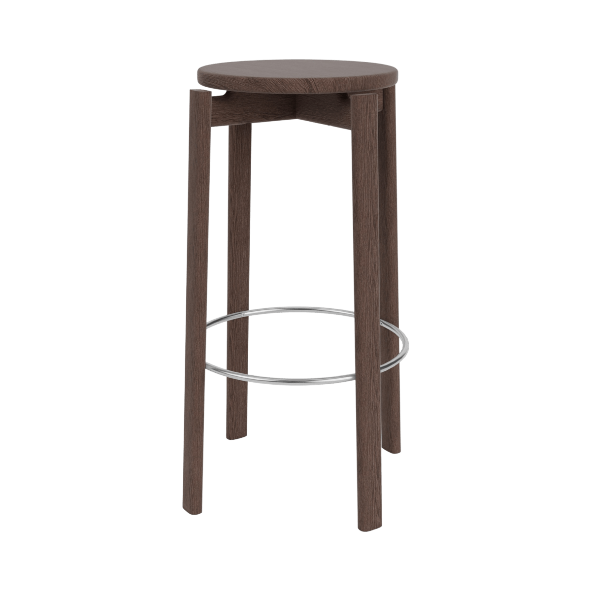 Front view of the Passage Bar & Counter Stool in dark stained solid wood with a round seat and circular metal footrest.