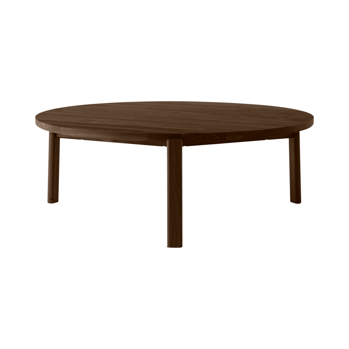 Front view of the dark wooden Passage Lounge Table featuring a round top and solid legs shown against a white background.