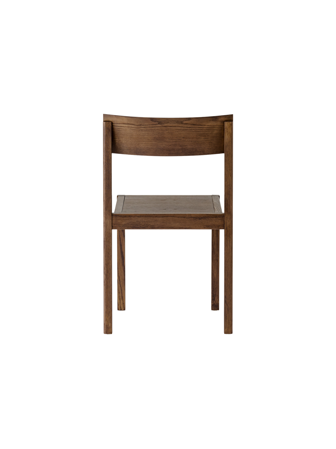 Dark-stained oak Mauro Dining Chair seen from behind, showing the curved veneer backrest and solid wood frame.