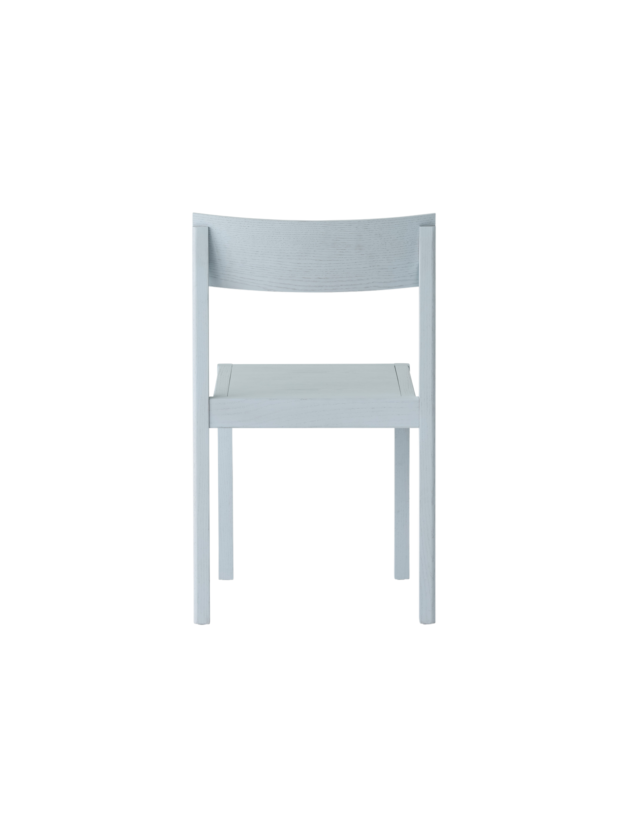 Mauro Dining Chair in linen blue oak, featuring a curved veneer backrest and solid wood frame, shown from the rear.