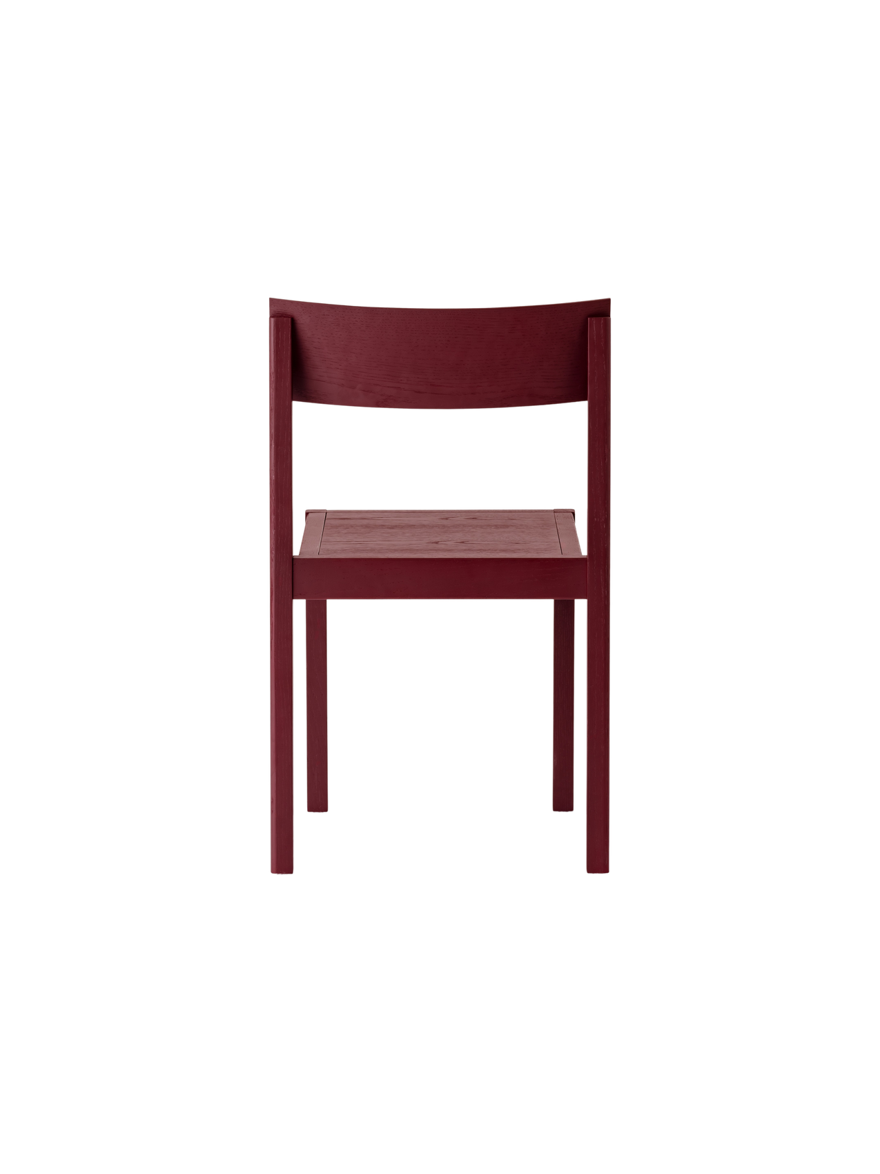 French red Mauro Dining Chair seen from behind, showing the curved oak veneer backrest and solid wood frame.