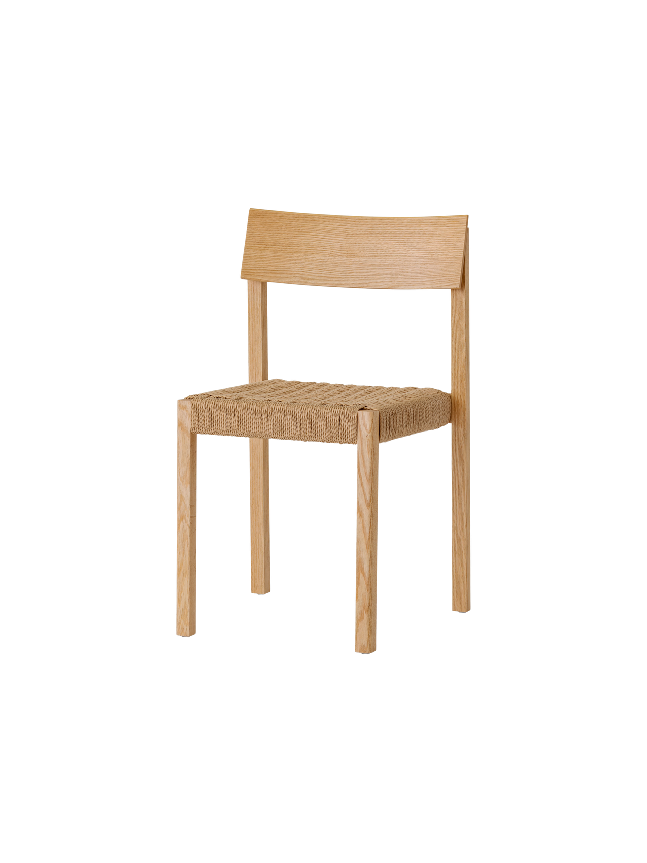 Mauro Dining Chair in natural oak with a handwoven papercord seat, showcasing its minimalist wood frame from an angle.