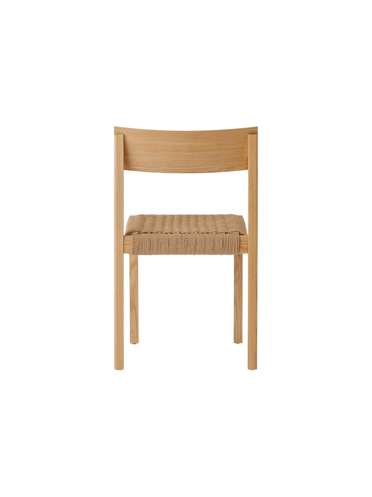 Rear view of the Mauro Dining Chair in natural oak, highlighting the curved backrest and woven papercord seat.