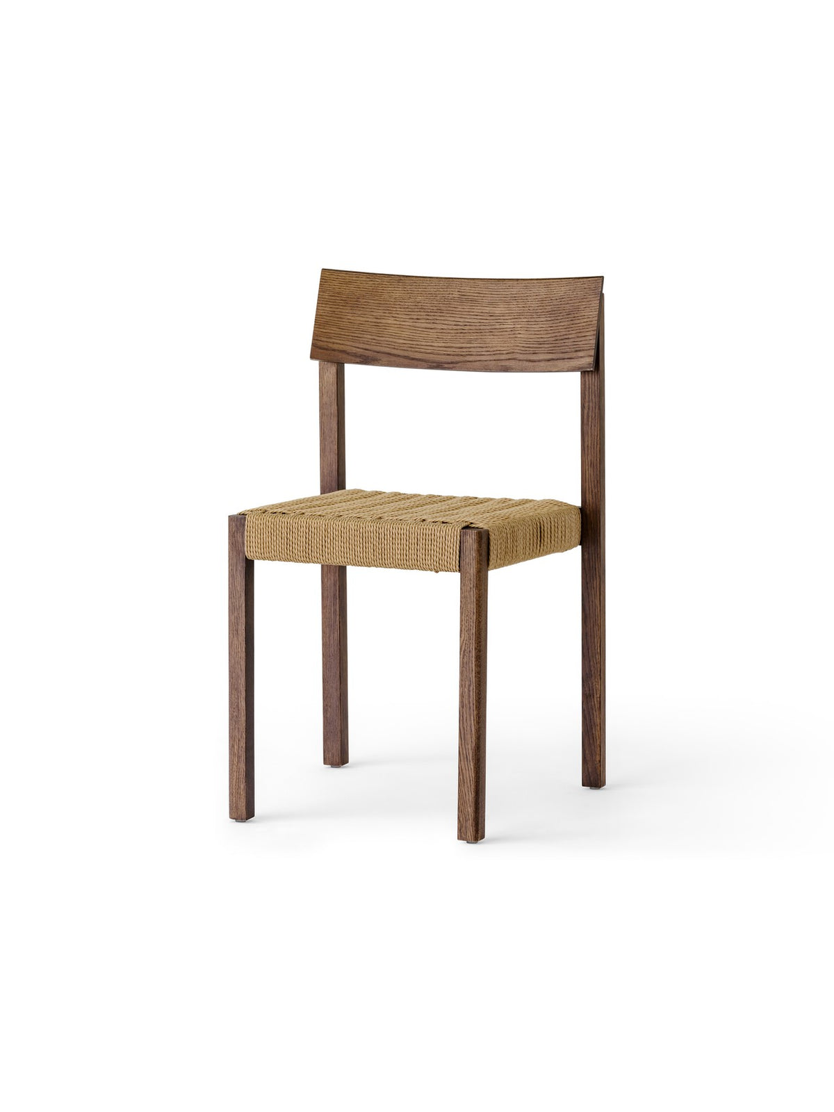Minimal dining chair with dark stained oak frame and woven natural cord seat, curved wooden backrest, three-quarter view.