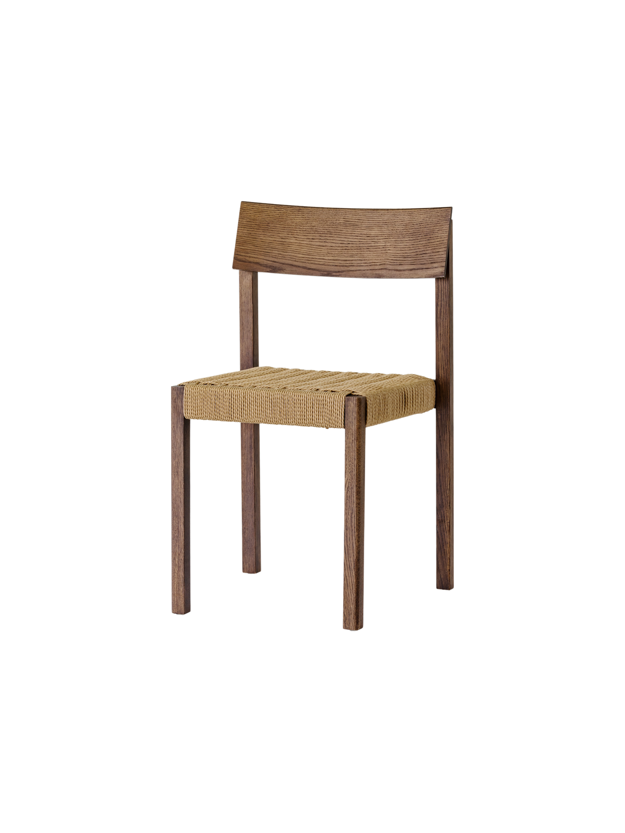 Mauro Dining Chair in dark-stained oak featuring a handwoven paper cord seat and a curved, angled backrest.