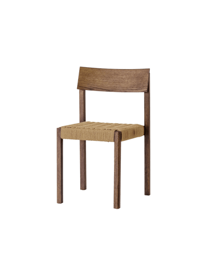 Mauro Dining Chair in dark-stained oak featuring a handwoven paper cord seat and a curved, angled backrest.