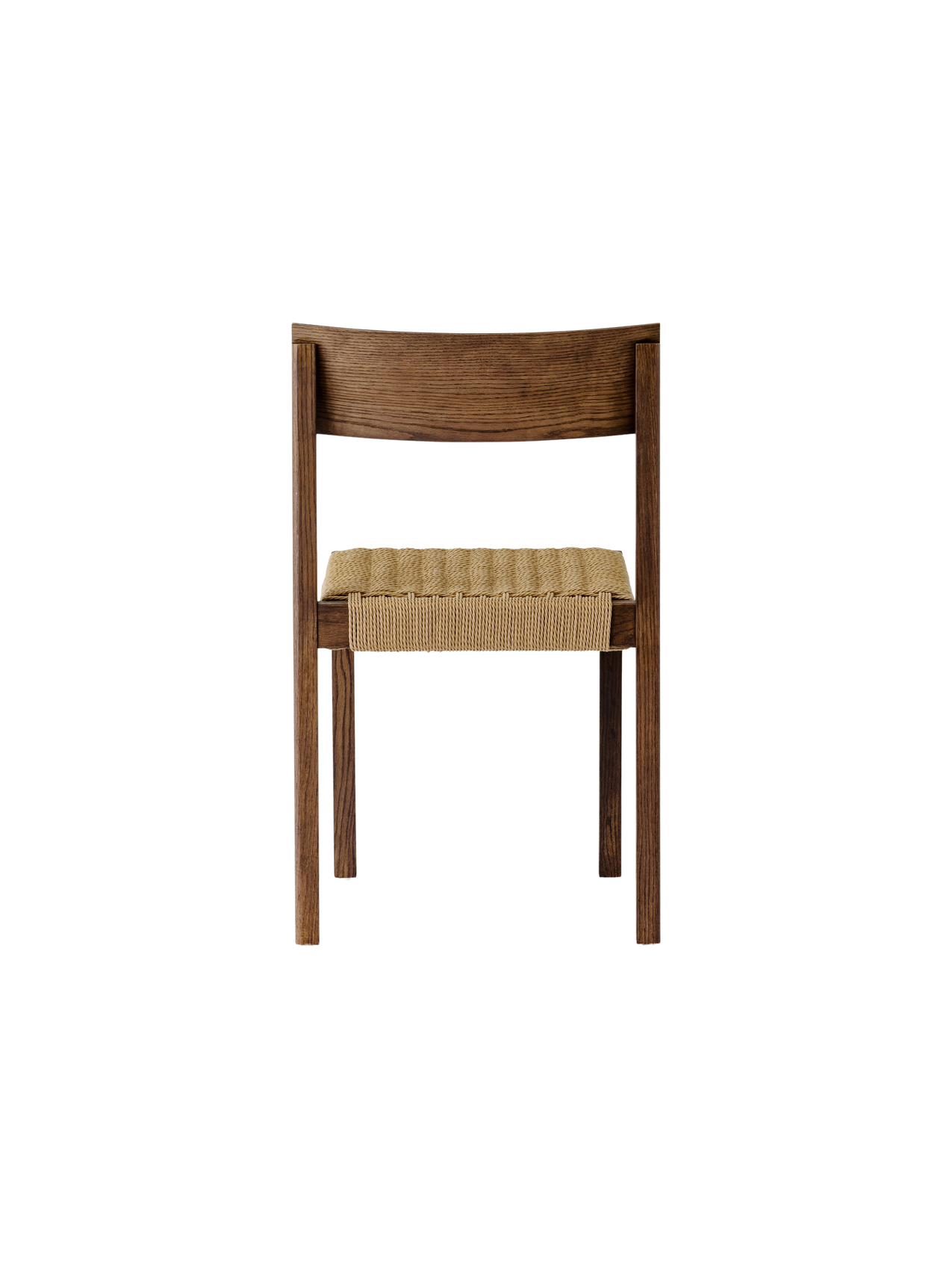 Mauro Dining Chair in dark-stained oak with a handwoven paper cord seat, viewed from the back.