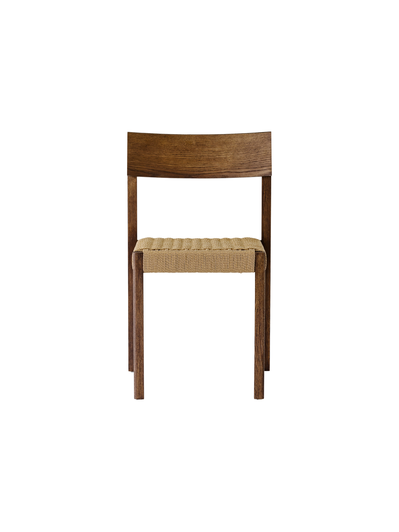 Mauro Dining Chair in dark-stained oak with a handwoven natural papercord seat, shown from the front.