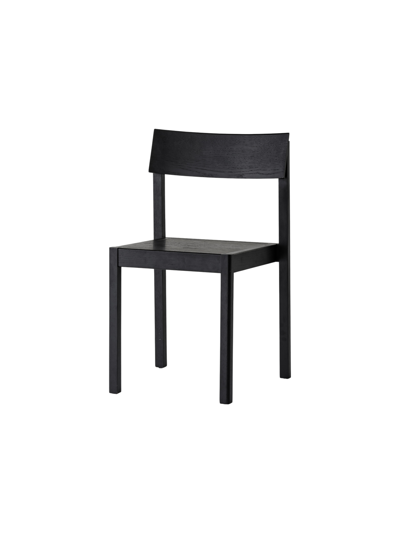 Mauro Dining Chair in black oak with a minimalist wooden frame and curved backrest, shown from a three-quarter angle.