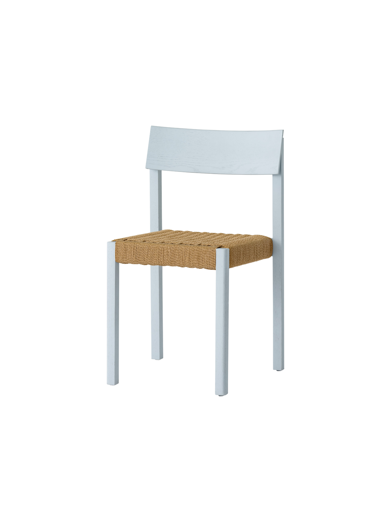 Mauro Dining Chair in linen blue stained oak with a natural handwoven paper cord seat, shown at an angle.