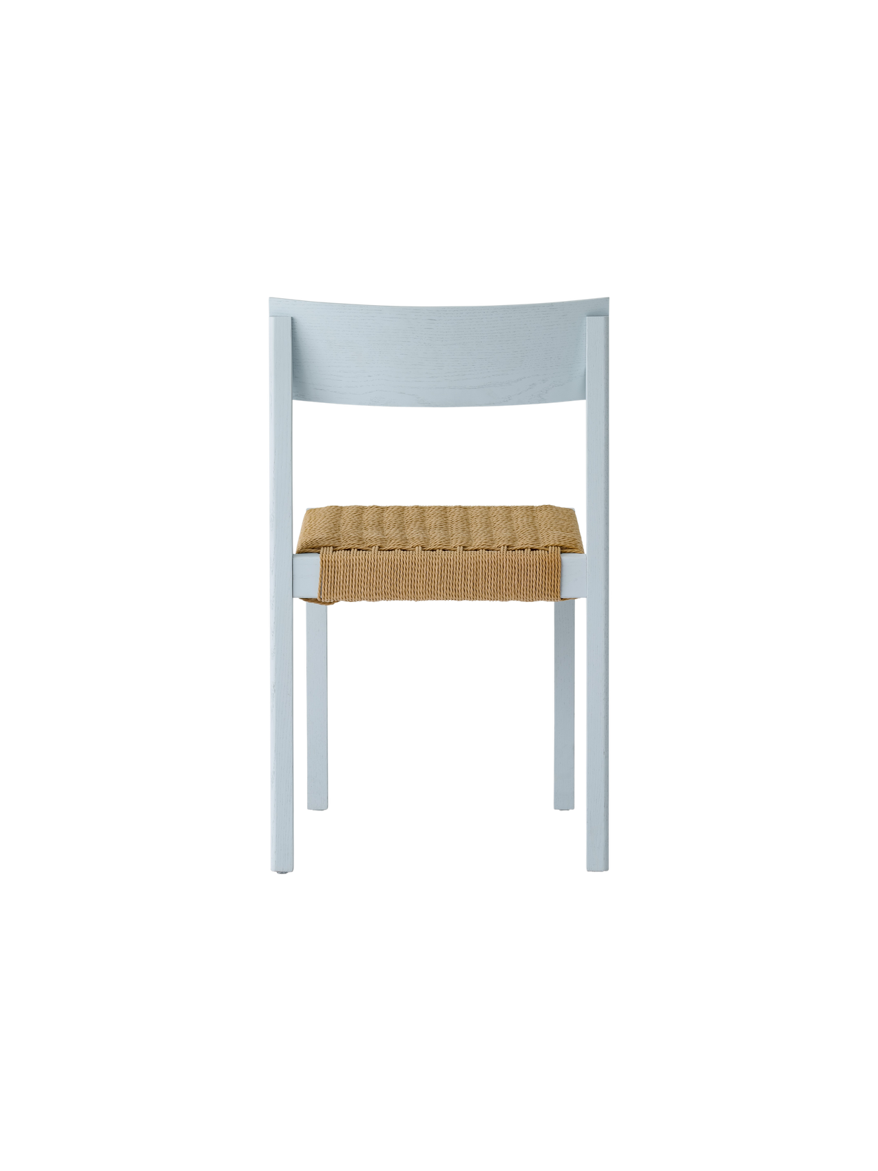 Mauro Dining Chair in Linen Blue oak with a handwoven paper cord seat, viewed from the back against a white background.