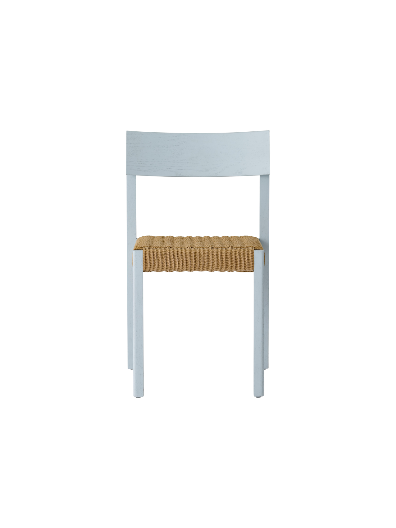 Mauro Dining Chair in Linen Blue Oak featuring a handwoven natural paper cord seat, viewed from the front.
