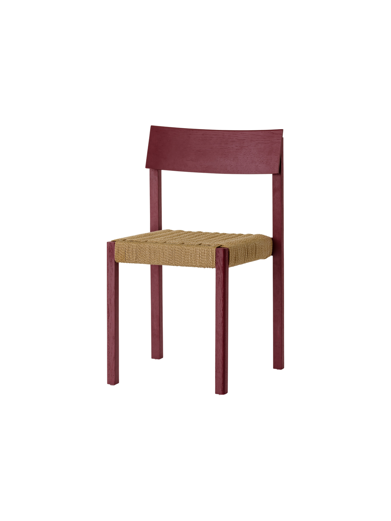 French red Mauro Dining Chair featuring a handwoven paper cord seat and solid wood frame, shown from an angled profile.