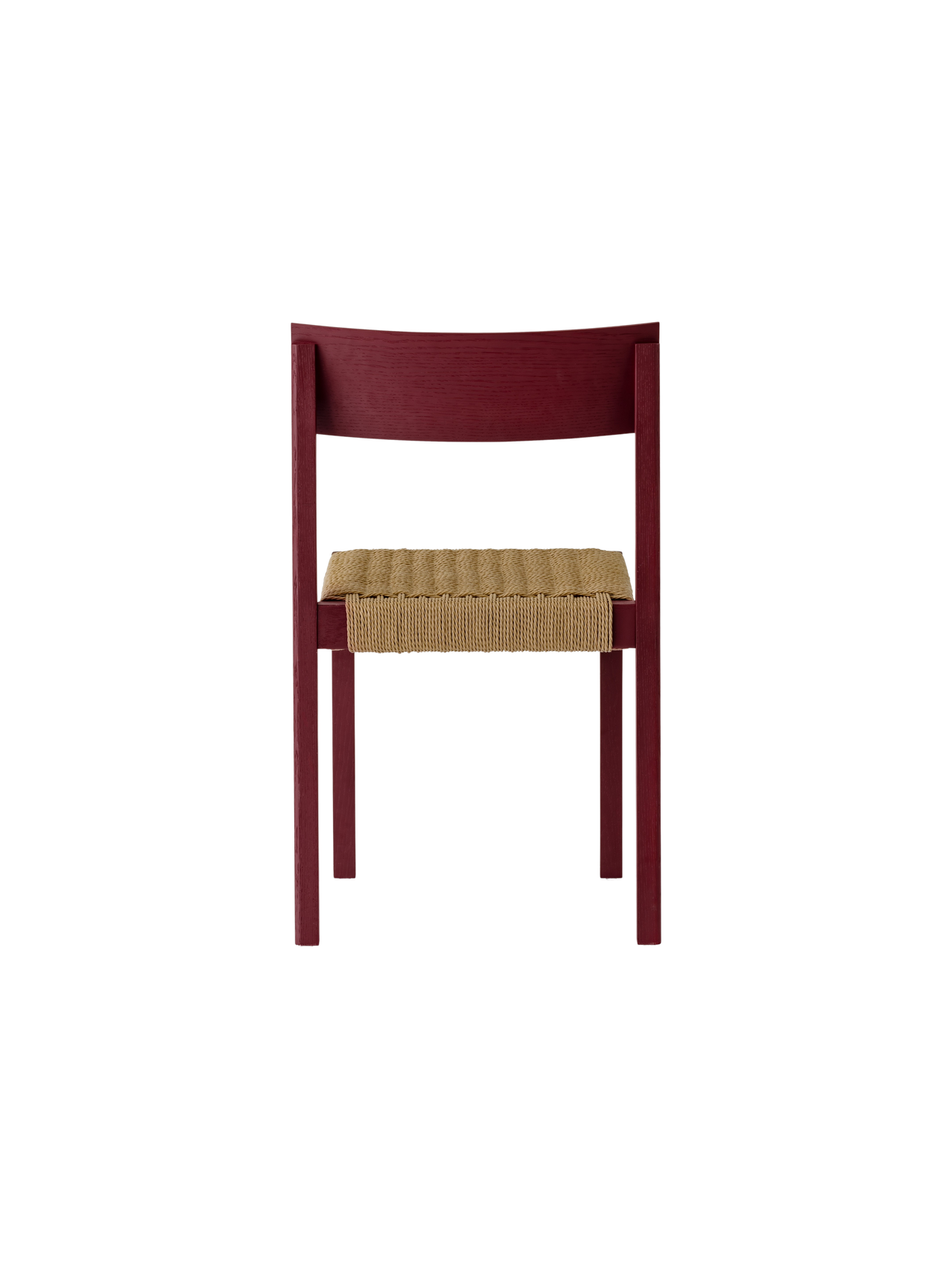 Mauro Dining Chair in French Red Oak with a handwoven papercord seat, shown from a rear perspective.
