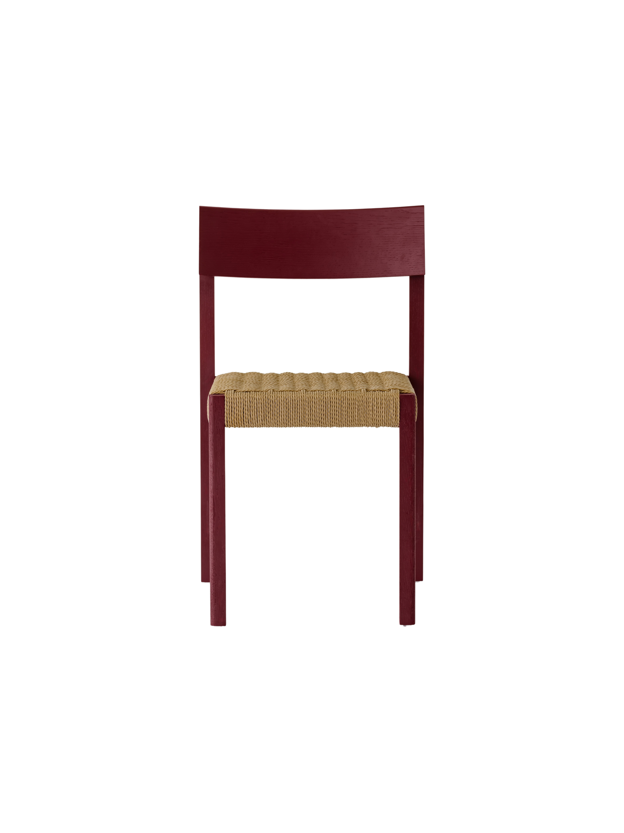 Mauro Dining Chair in French red oak with a handwoven paper cord seat, shown in a straight-on front view.