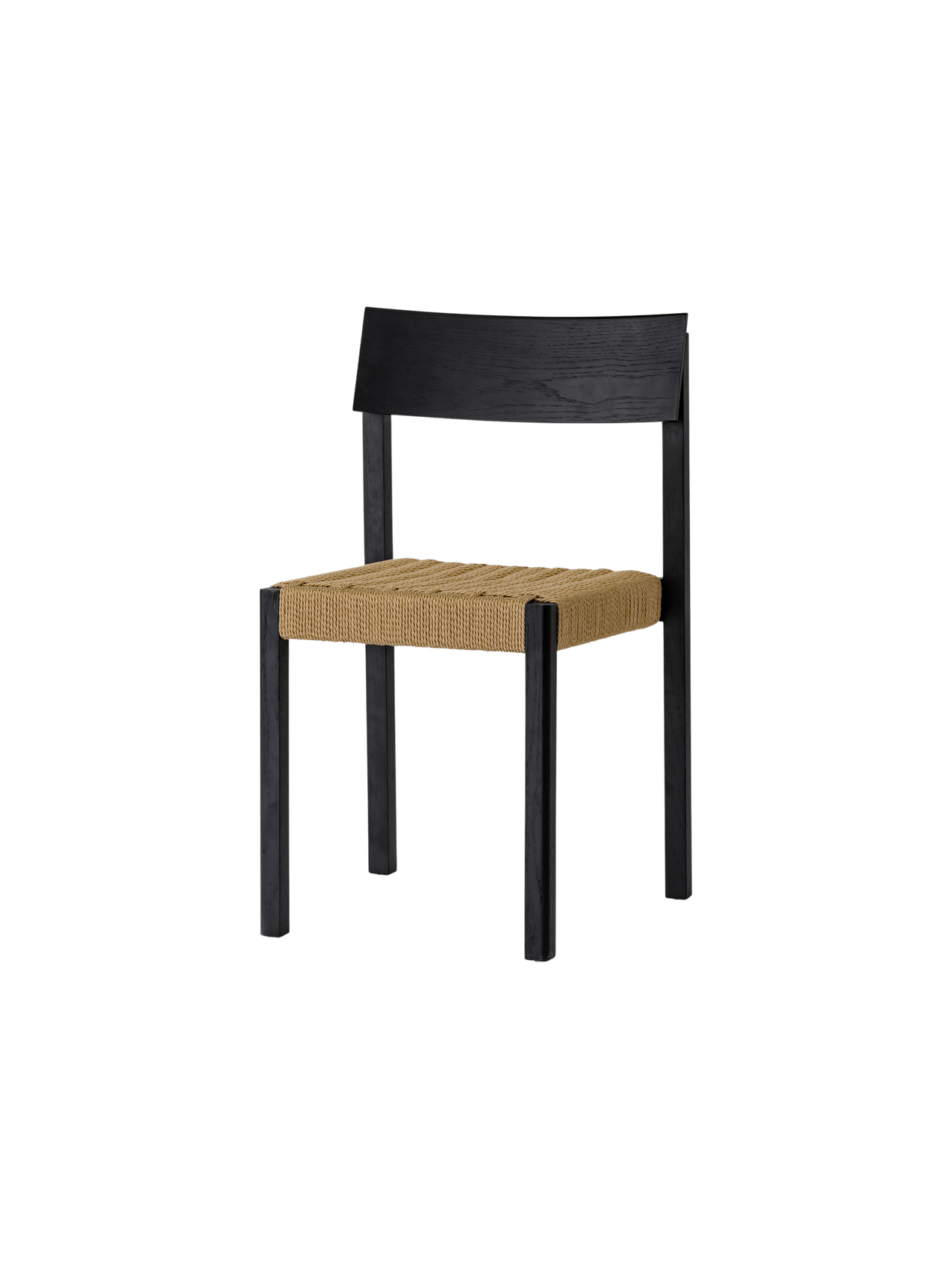Mauro Dining Chair in black oak with a handwoven natural paper cord seat, shown from a three-quarter angle.