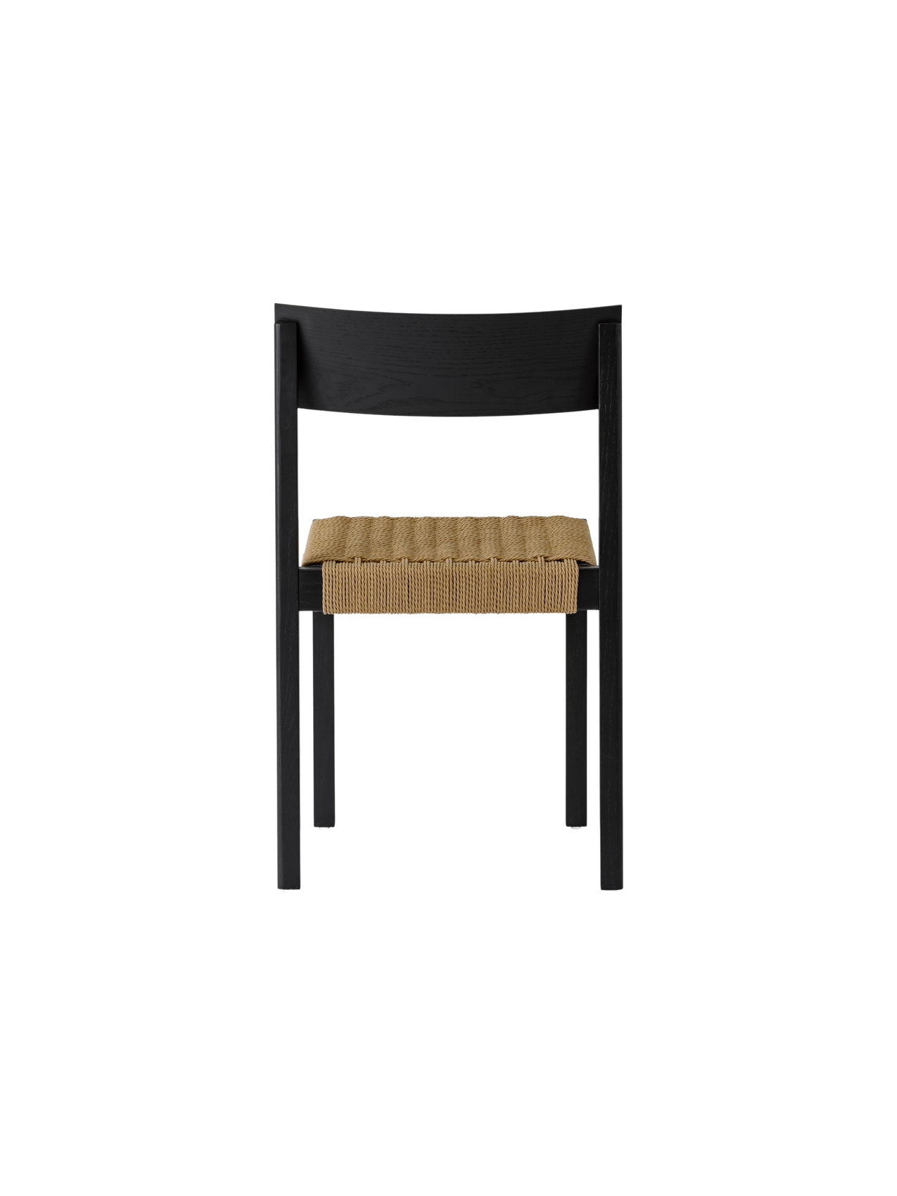 Back view of the black Mauro Dining Chair featuring a solid wood frame and a handwoven natural paper cord seat.