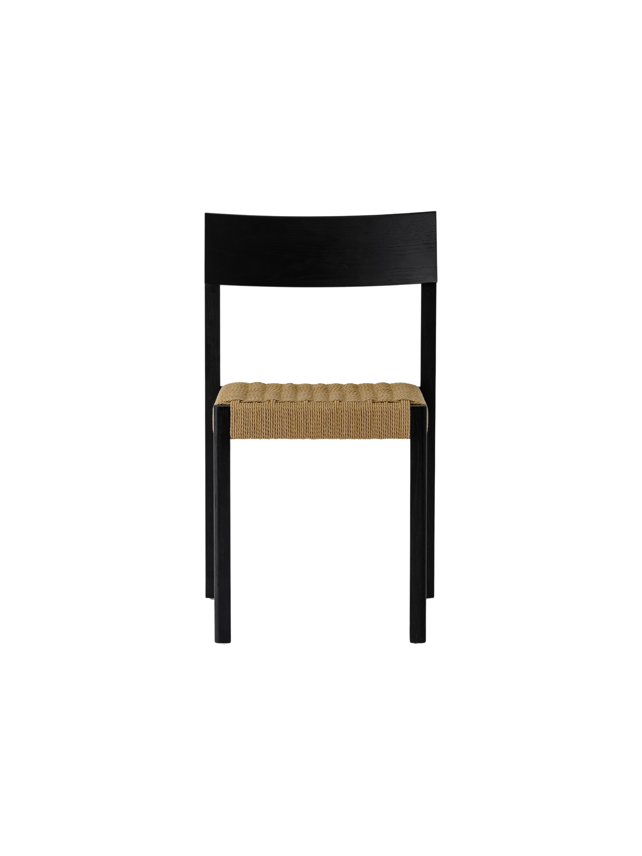 Black Mauro Dining Chair featuring a solid oak frame and a handwoven paper cord seat in a minimalist Danish style.