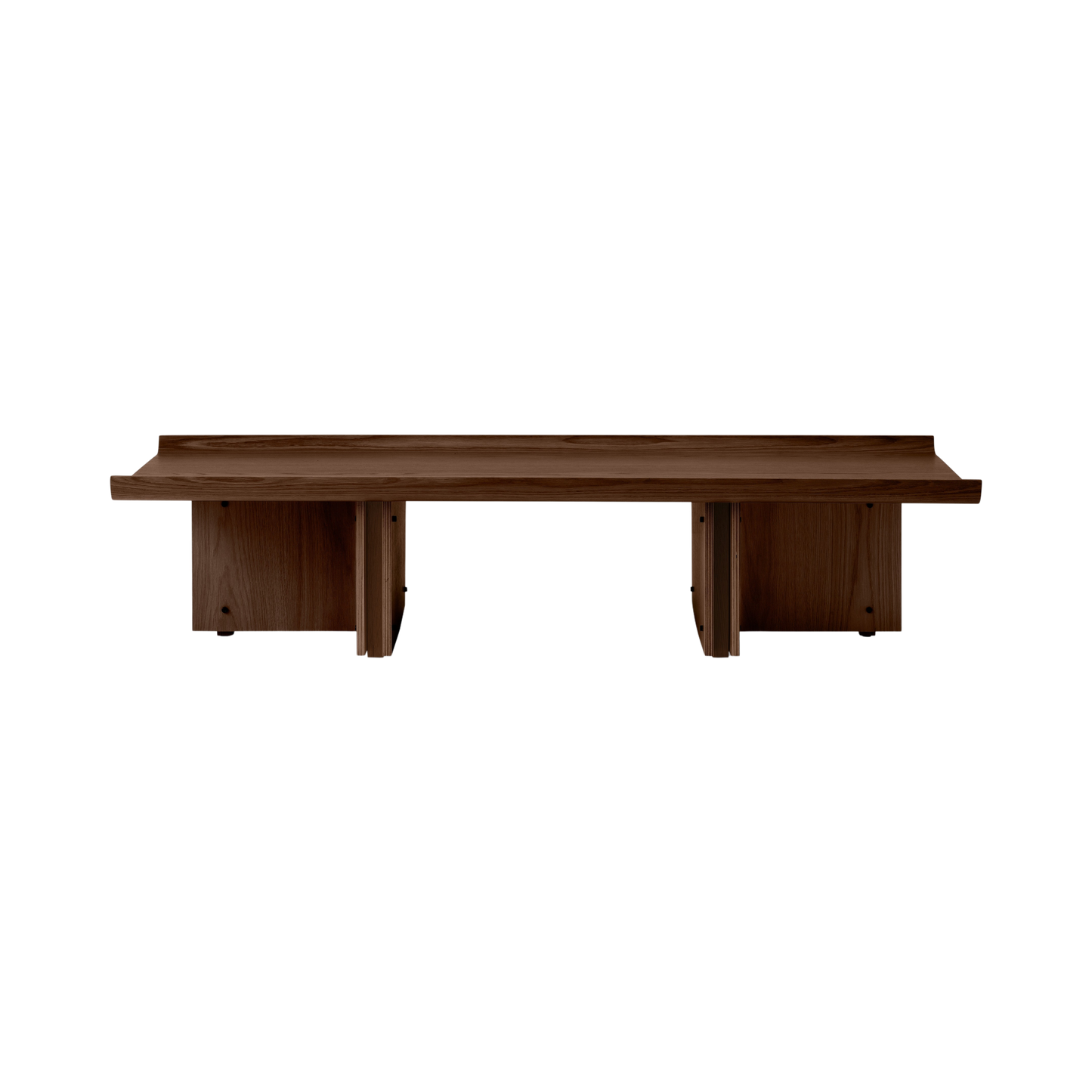 Front view of the Conrad Lounge Table in dark stained oak, with Japanese-inspired upward-curving tabletop edges.