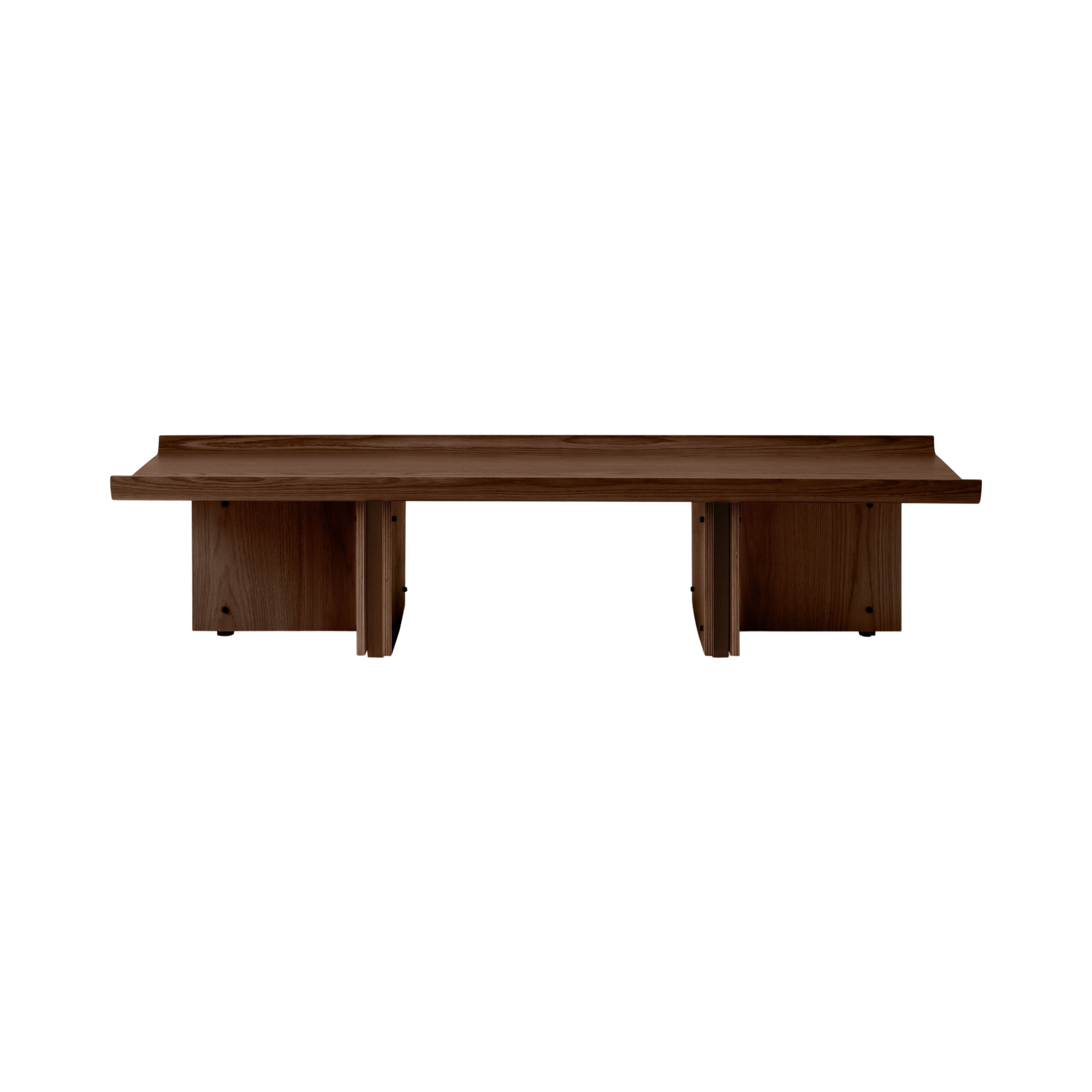 Front view of the Conrad Lounge Table in dark stained oak, with Japanese-inspired upward-curving tabletop edges.