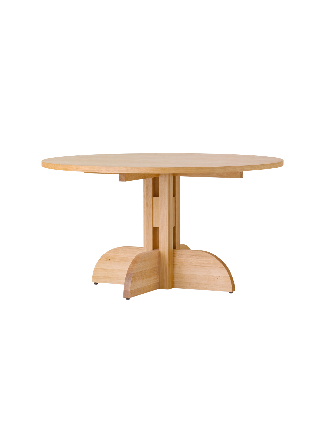 Round Puffin Dining Table in natural oak with a sculptural solid wood base, isolated on a plain white background.