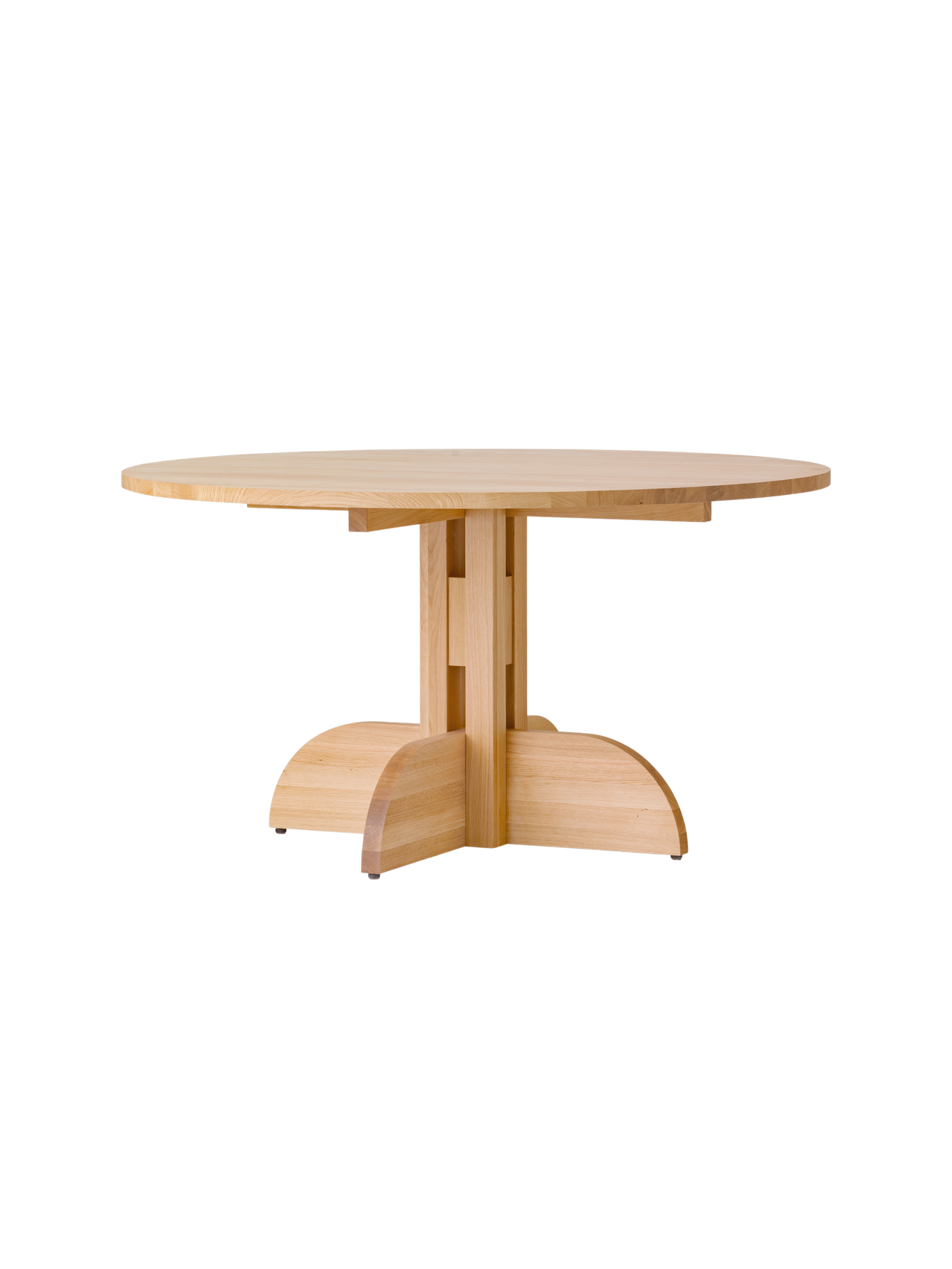 The Puffin Dining Table, Round, crafted from solid natural oak with a circular top and architectural pedestal base.