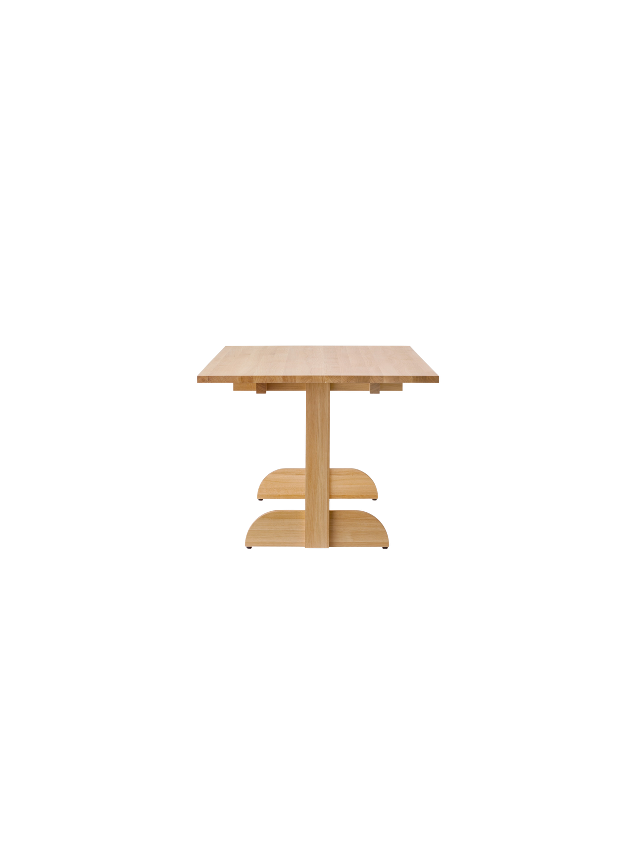 Puffin Dining Table, Rectangular in solid natural oak, showing the side profile and rounded base on a white background.