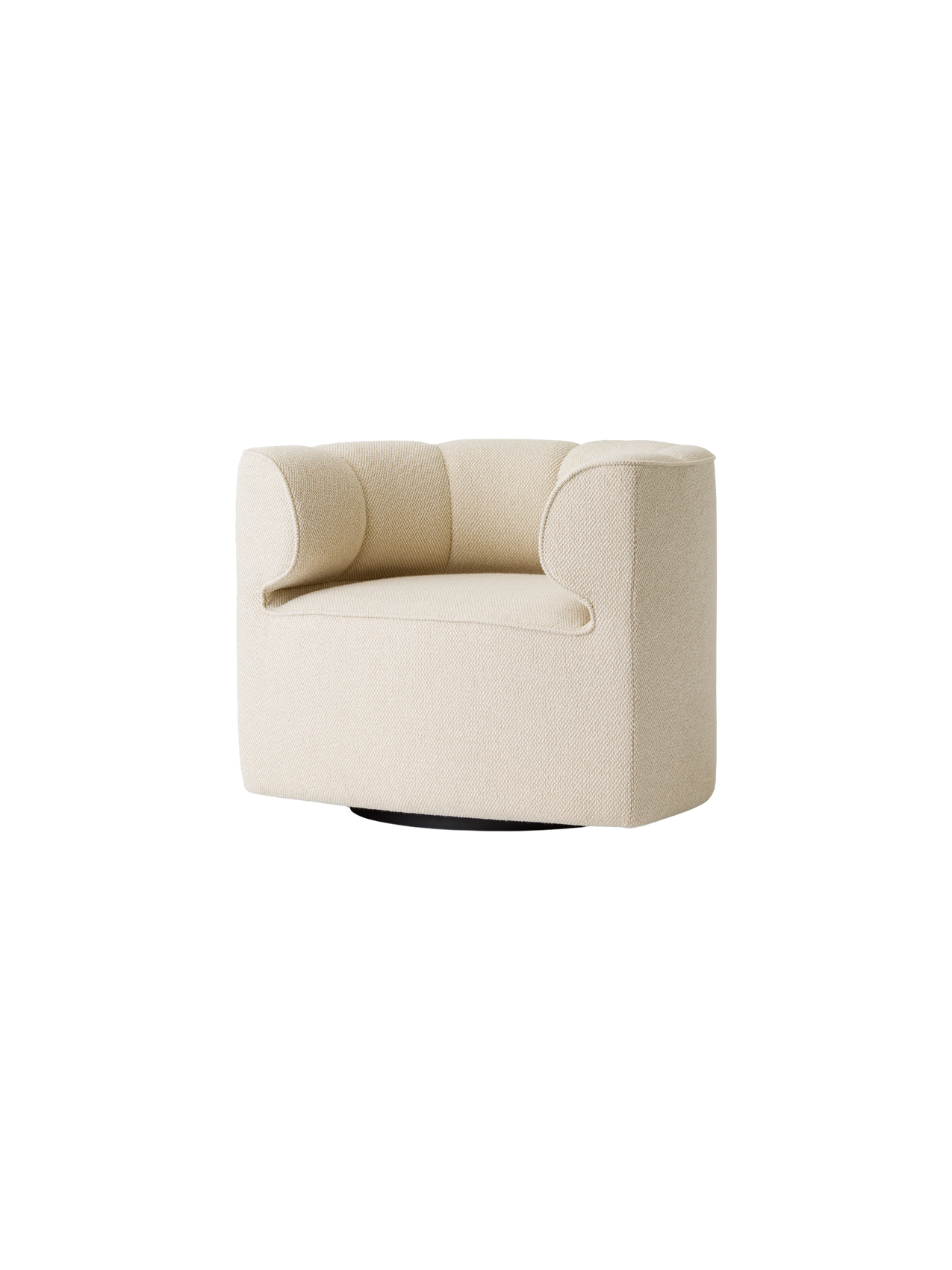 Eave Seamline Lounge Chair in off-white Logan Fossil textured fabric with a black swivel base.