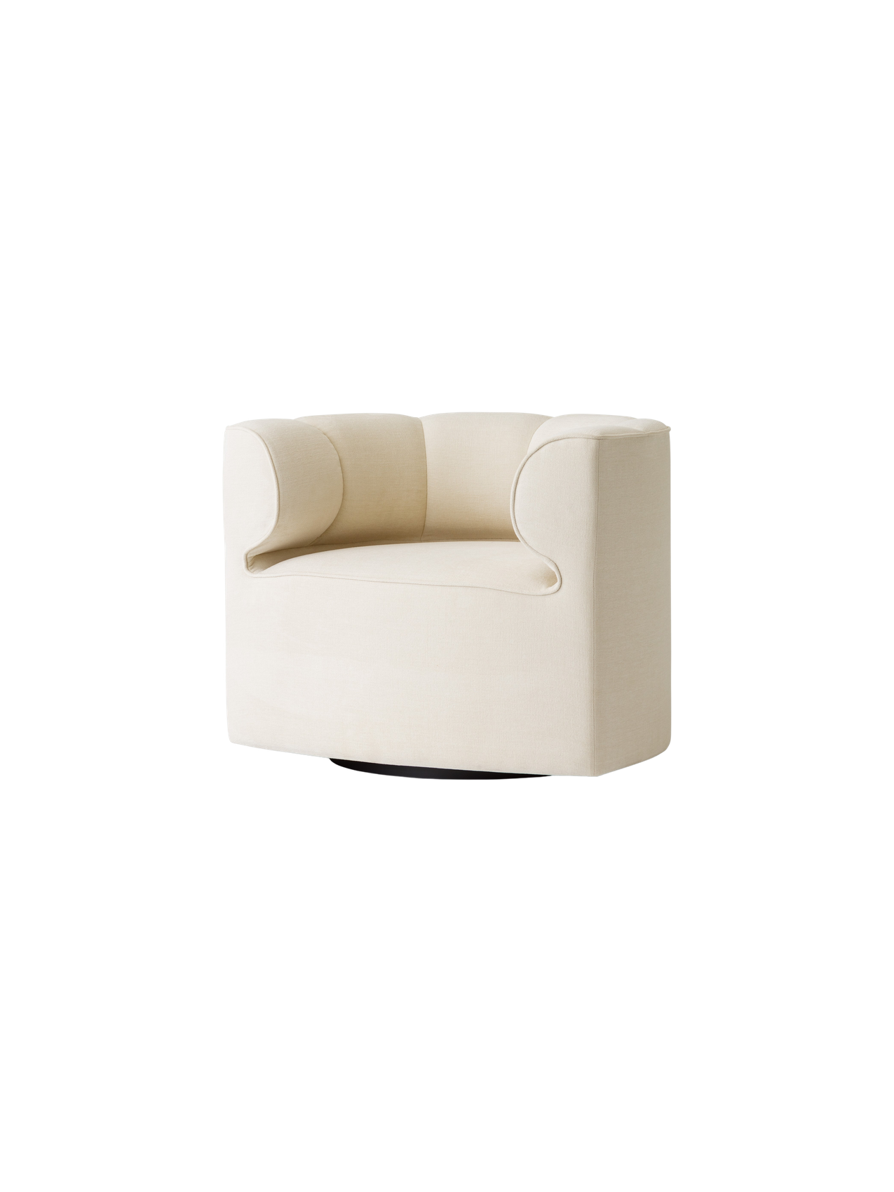 Eave Seamline Lounge Chair in cream Siennatonal 12 fabric, showing its curved, fully upholstered design from an angle.