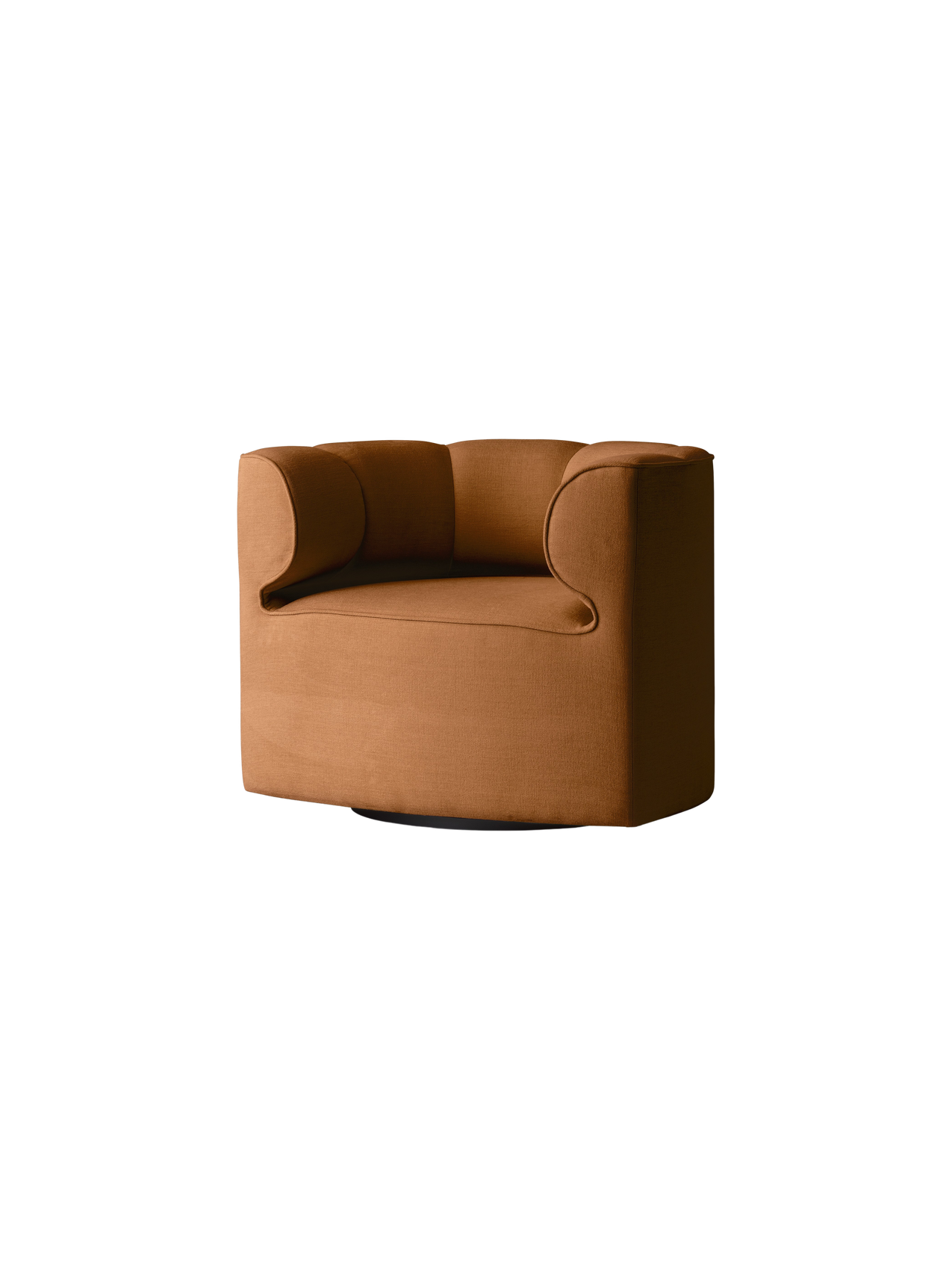 Eave Seamline Lounge Chair in Siennatonal 06, a sculptural burnt orange upholstered chair with a low-profile design.