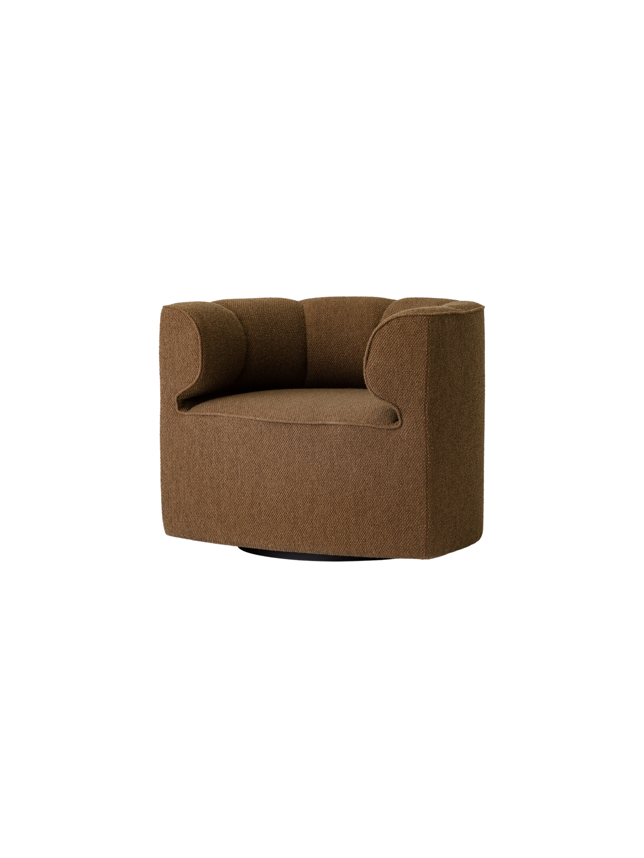 Eave Seamline Lounge Chair in Logan Nutmeg textured brown fabric, featuring a curved, chunky silhouette and swivel base.