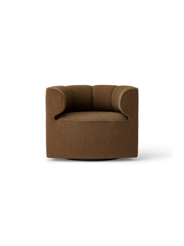 Brown upholstered swivel armchair with rounded, rolled arms and textured wool-like fabric, front view.