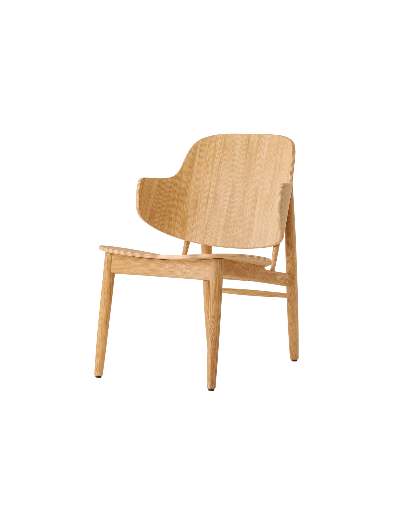 The Penguin Wooden Lounge Chair in natural oak, featuring a curved form-pressed veneer back and solid wood frame.