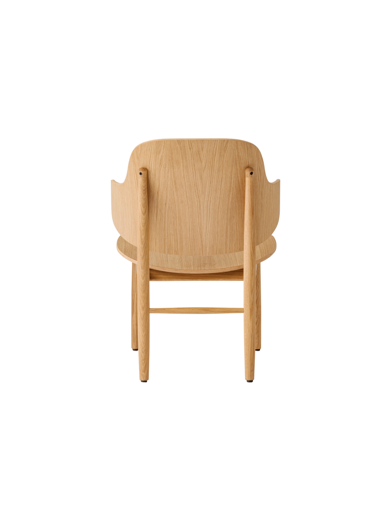 The Penguin Wooden Lounge Chair in natural oak, featuring a curved veneer back and solid oak frame seen from the rear.