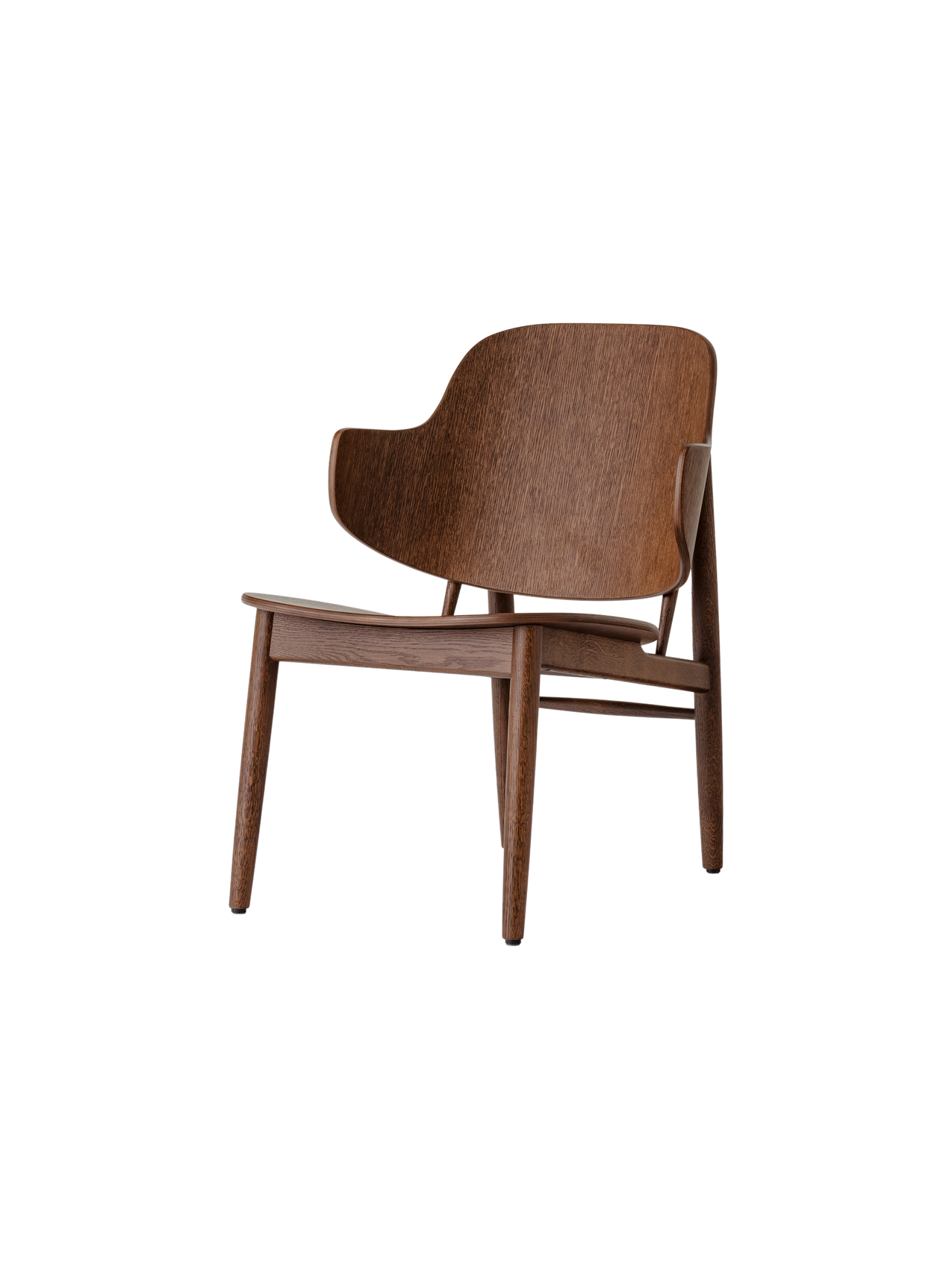 The red-stained oak Penguin Wooden Lounge Chair features a curved form-pressed veneer back and mid-century silhouette.