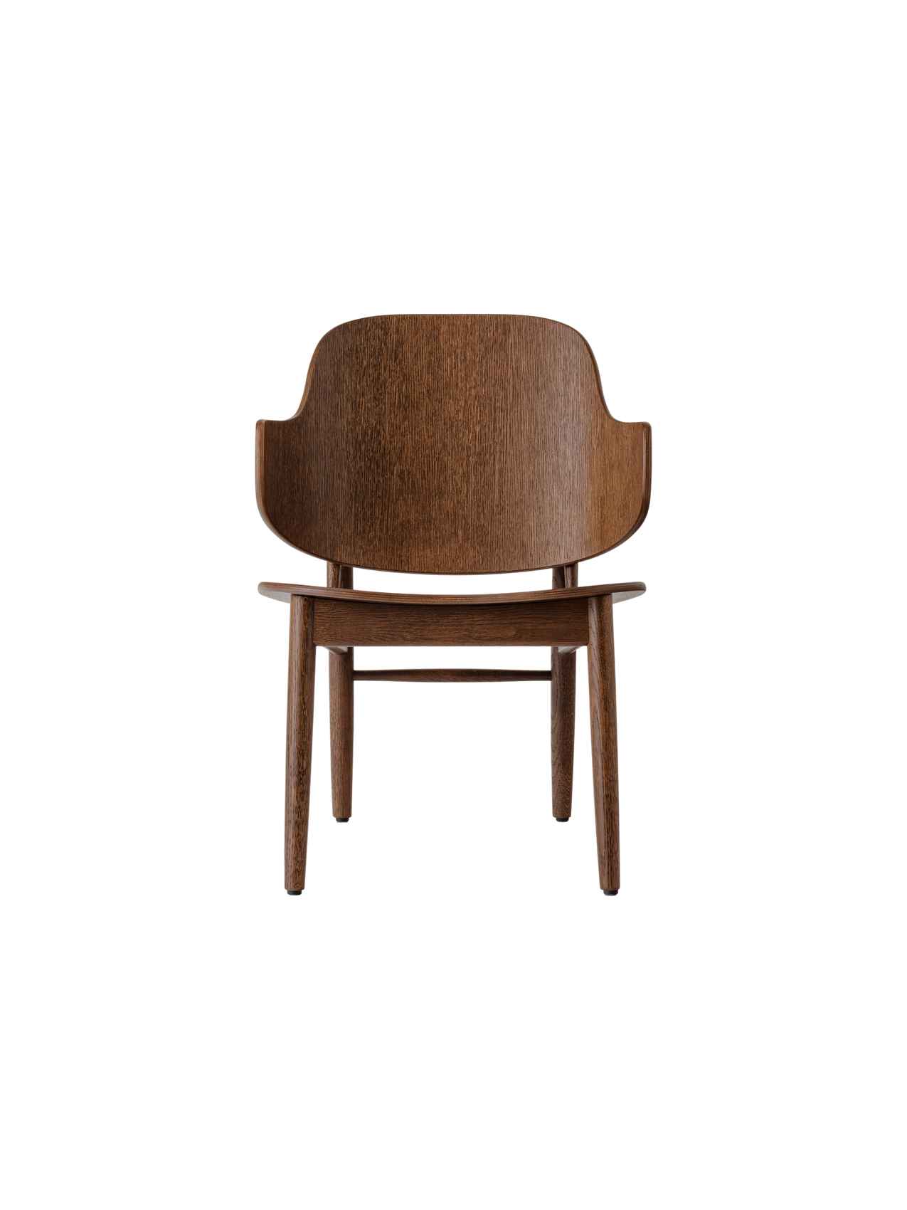 The Penguin Wooden Lounge Chair in red-stained oak, featuring a curved veneer back and solid oak frame.