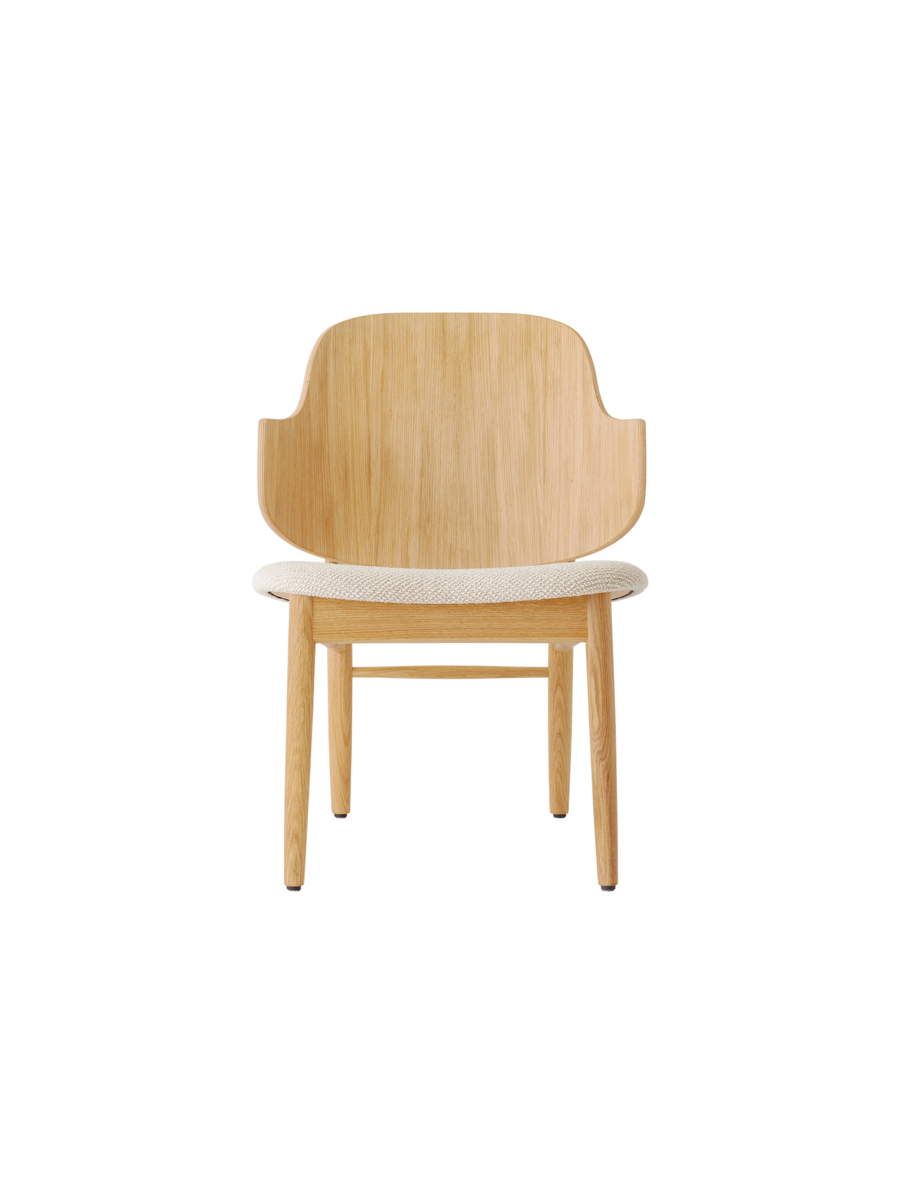 The Penguin Wooden Lounge Chair in natural oak with a light beige textured upholstered seat, seen from the front.