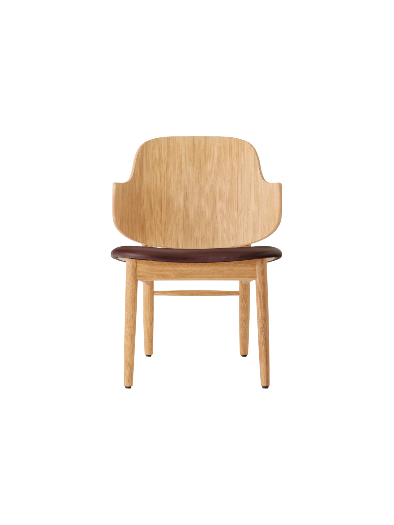 The Penguin Wooden Lounge Chair in natural oak with a dark brown Aida 0329 upholstered seat.