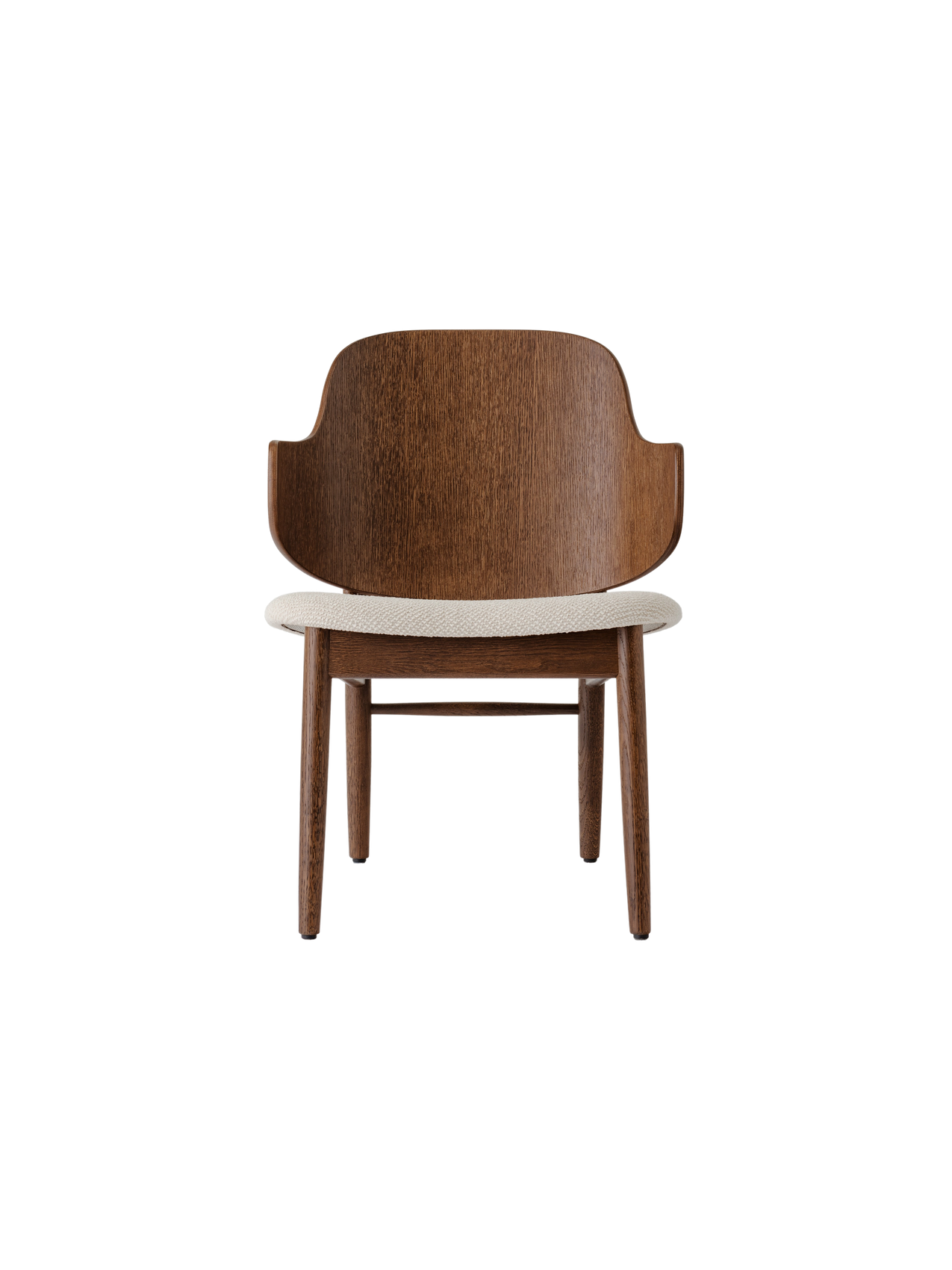 The Penguin Wooden Lounge Chair in red-stained oak with a textured light beige seat, viewed from the front.