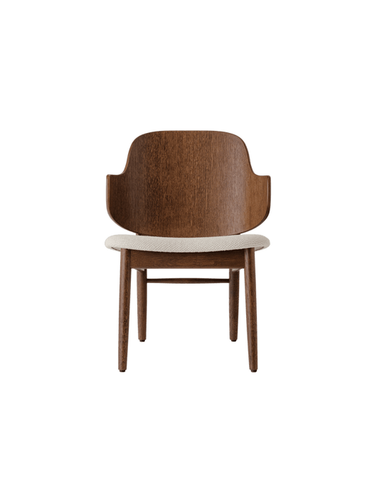 The Penguin Wooden Lounge Chair in red-stained oak with a textured light beige seat, viewed from the front.