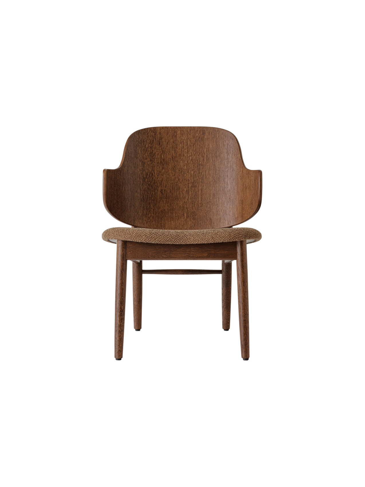 The Penguin Wooden Lounge Chair in red stained oak with a textured brown upholstered seat, shown from a front angle.